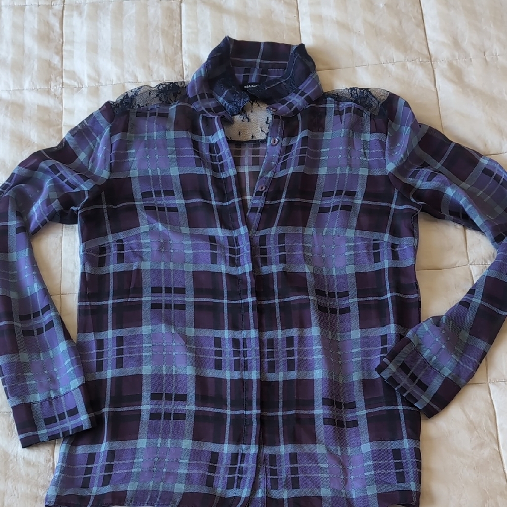 Plaid Button-Up Blouse - Purple and Black